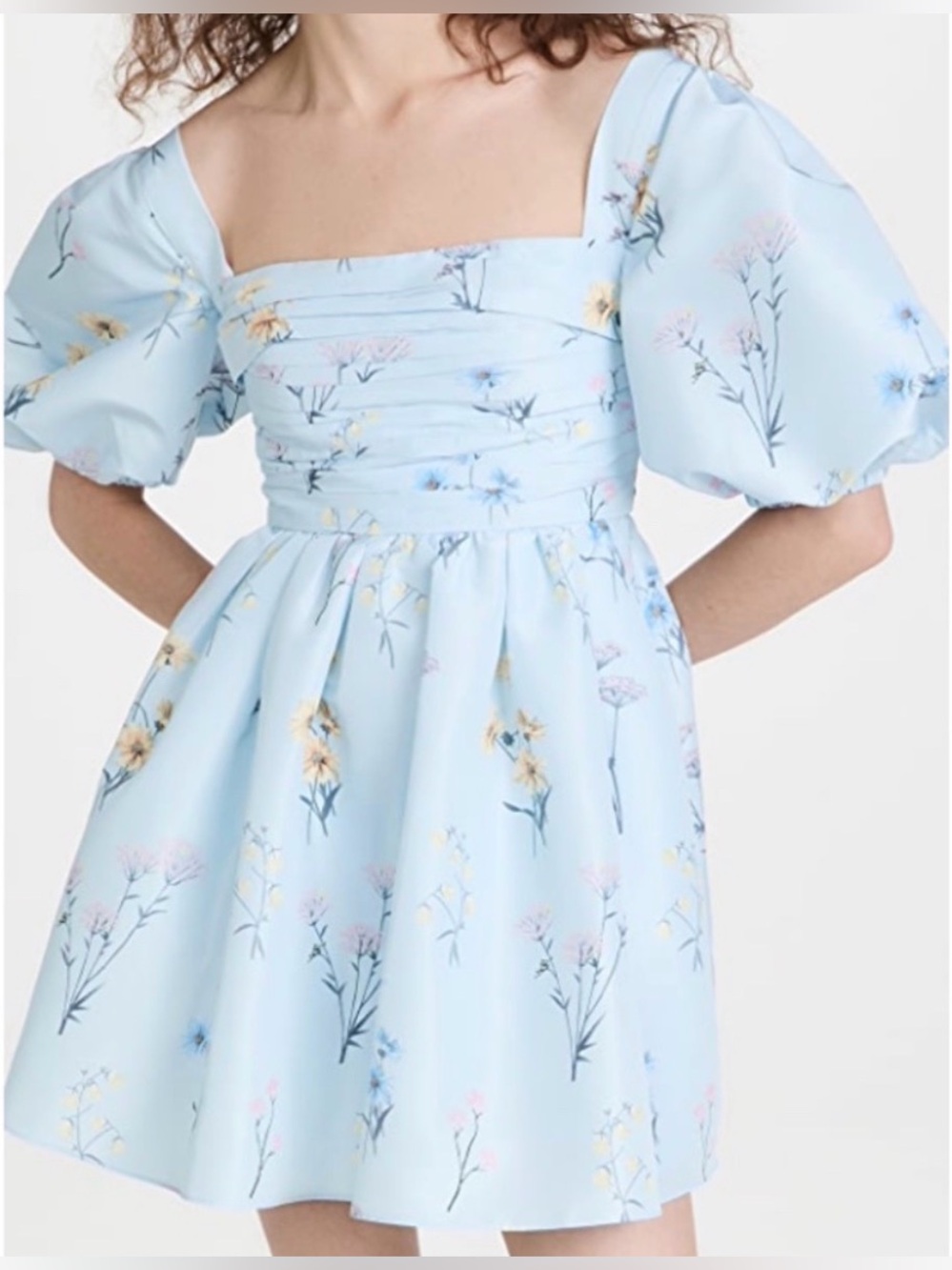 NWT Self Portrait Blue Floral Taffeta Mini Dress Watercolor US 4 Puff Sleeve